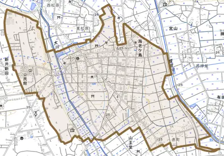 海老ヶ島とその周辺の地図。町の範囲を重ねている