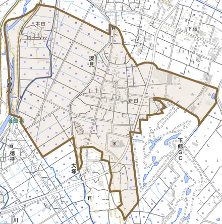 深見とその周辺の地図。町の範囲を重ねている