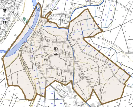 船玉とその周辺の地図。町の範囲を重ねている