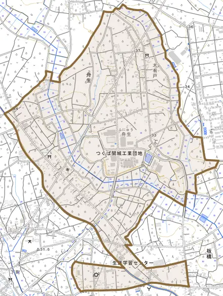舟生とその周辺の地図。町の範囲を重ねている