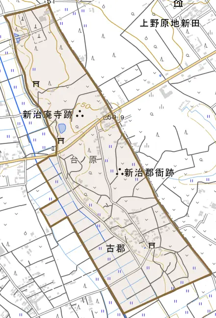 古郡とその周辺の地図。町の範囲を重ねている