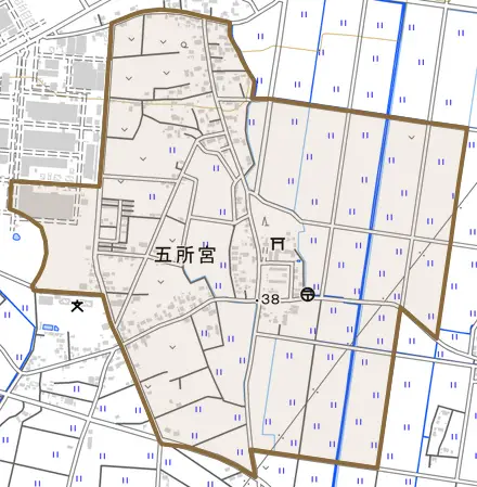 五所宮とその周辺の地図。町の範囲を重ねている