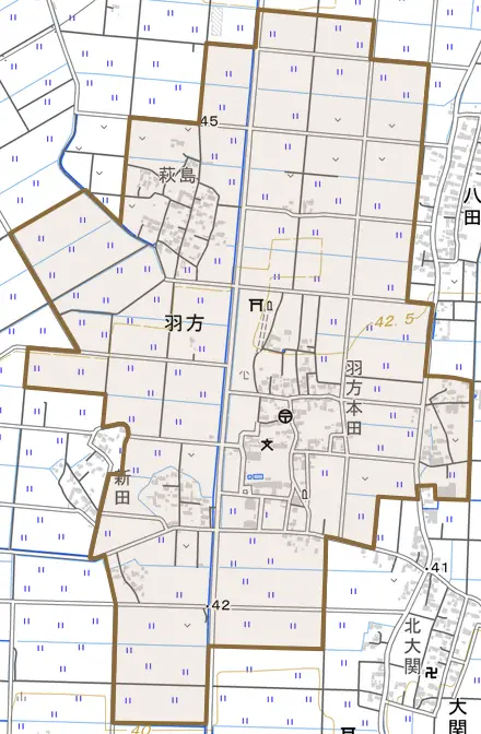 羽方とその周辺の地図。町の範囲を重ねている