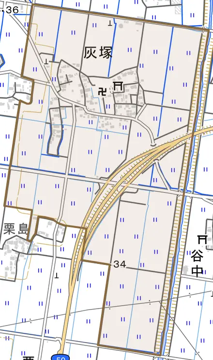 灰塚とその周辺の地図。町の範囲を重ねている