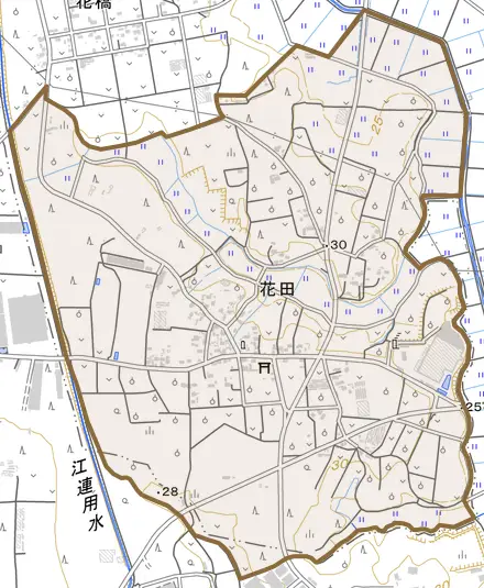 花田とその周辺の地図。町の範囲を重ねている