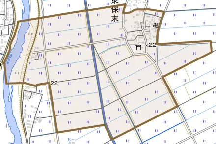 東保末とその周辺の地図。町の範囲を重ねている