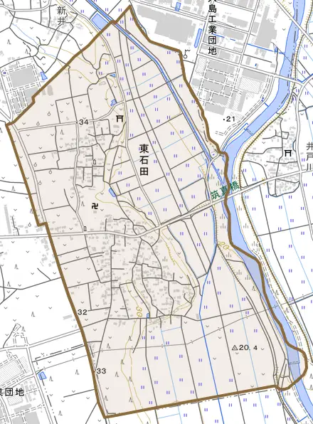 東石田とその周辺の地図。町の範囲を重ねている