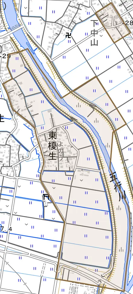 東榎生とその周辺の地図。町の範囲を重ねている