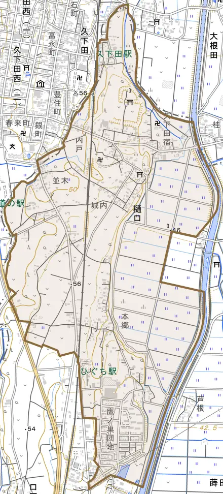 樋口とその周辺の地図。町の範囲を重ねている