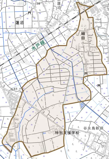 細田とその周辺の地図。町の範囲を重ねている