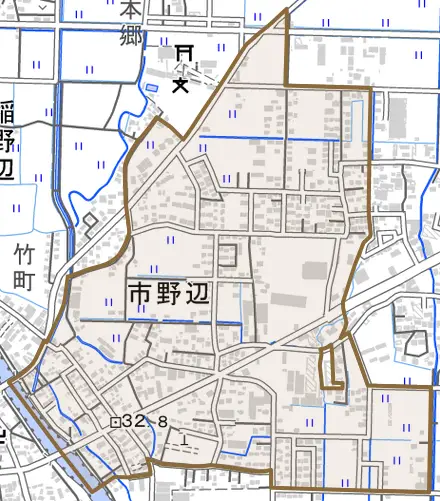 市野辺とその周辺の地図。町の範囲を重ねている