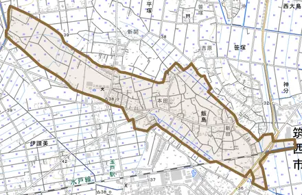 飯島とその周辺の地図。町の範囲を重ねている
