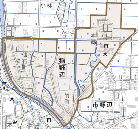 稲野辺とその周辺の地図。町の範囲を重ねている