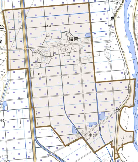 稲荷とその周辺の地図。町の範囲を重ねている