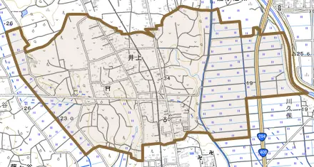 井上とその周辺の地図。町の範囲を重ねている