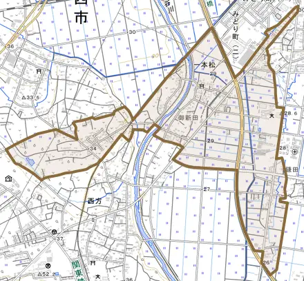 一本松とその周辺の地図。町の範囲を重ねている