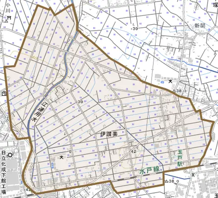 伊讃美とその周辺の地図。町の範囲を重ねている