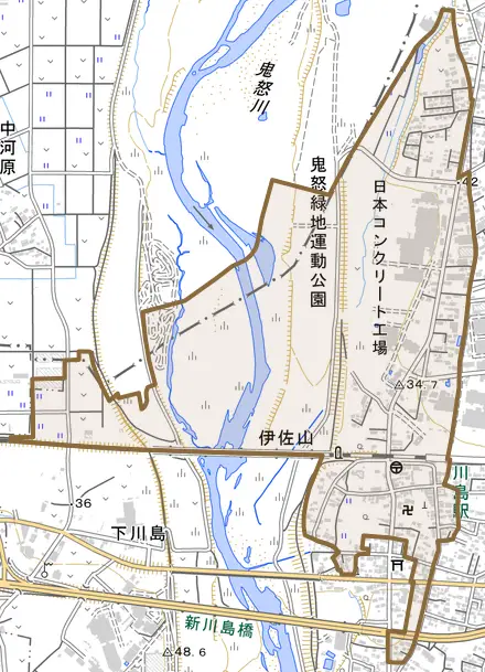 伊佐山とその周辺の地図。町の範囲を重ねている