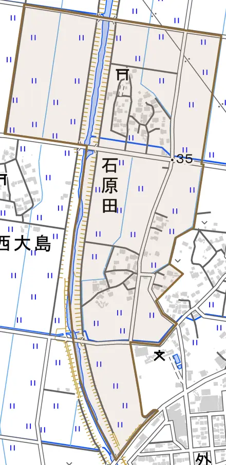 石原田とその周辺の地図。町の範囲を重ねている