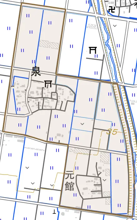 泉とその周辺の地図。町の範囲を重ねている