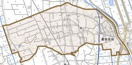 嘉家佐和とその周辺の地図。町の範囲を重ねている