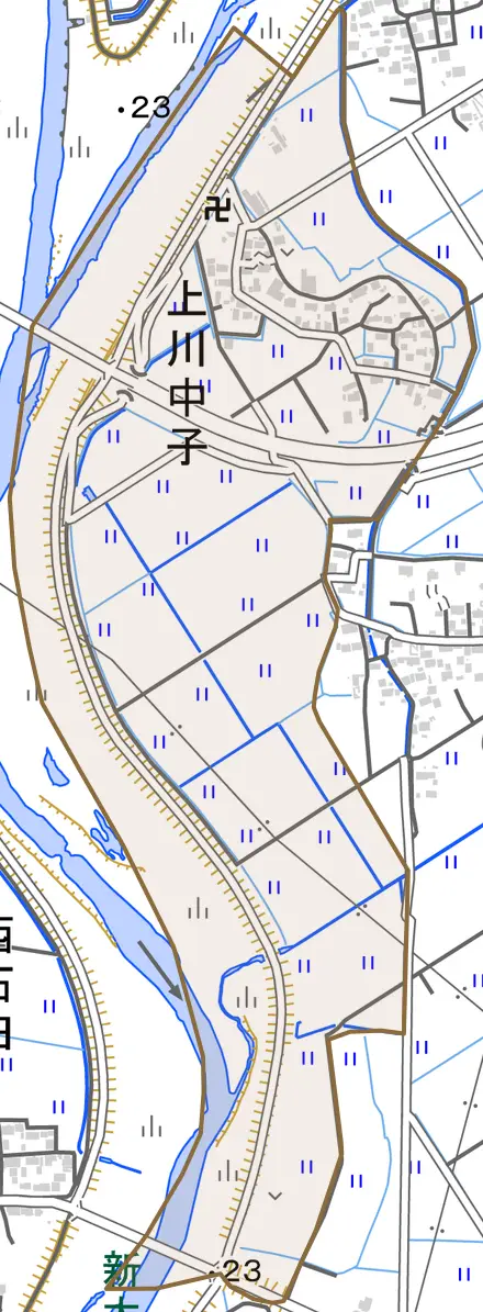 上川中子とその周辺の地図。町の範囲を重ねている