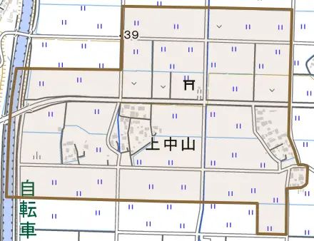 上中山とその周辺の地図。町の範囲を重ねている