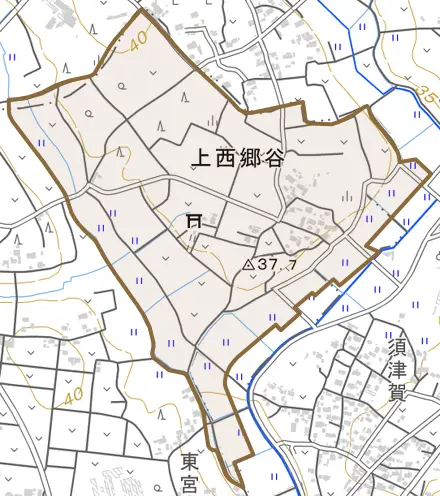 上西郷谷とその周辺の地図。町の範囲を重ねている