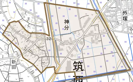 神分とその周辺の地図。町の範囲を重ねている