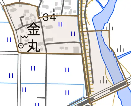 金丸とその周辺の地図。町の範囲を重ねている
