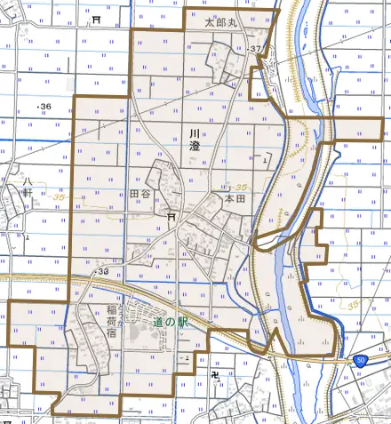 川澄とその周辺の地図。町の範囲を重ねている