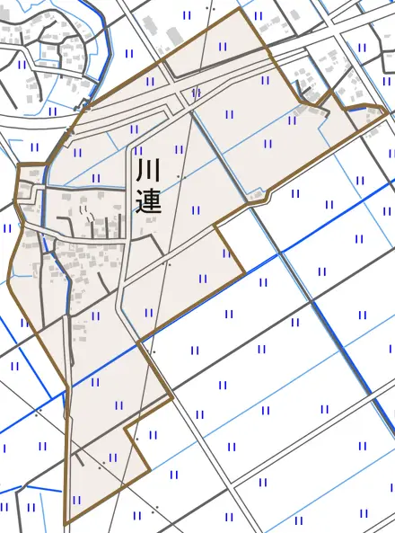 川連とその周辺の地図。町の範囲を重ねている