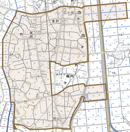 木戸とその周辺の地図。町の範囲を重ねている