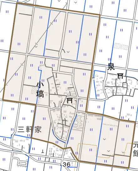 小塙とその周辺の地図。町の範囲を重ねている