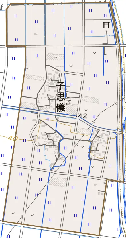 子思儀とその周辺の地図。町の範囲を重ねている
