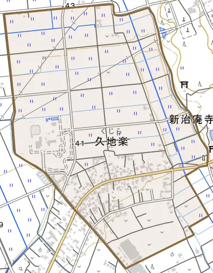 久地楽とその周辺の地図。町の範囲を重ねている
