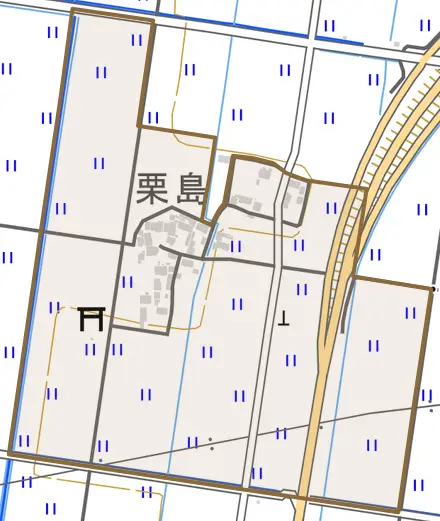 栗島とその周辺の地図。町の範囲を重ねている