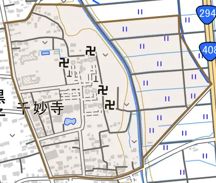 黒子とその周辺の地図。町の範囲を重ねている