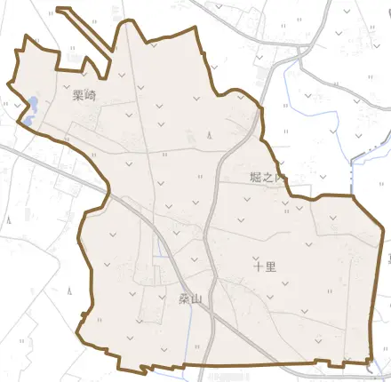 桑山とその周辺の地図。町の範囲を重ねている