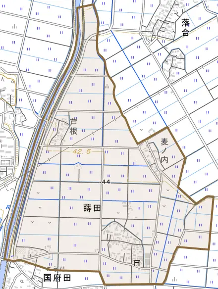 蒔田とその周辺の地図。町の範囲を重ねている