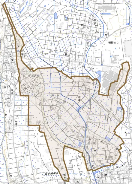 松原とその周辺の地図。町の範囲を重ねている