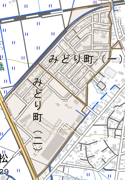 みどり町とその周辺の地図。町の範囲を重ねている