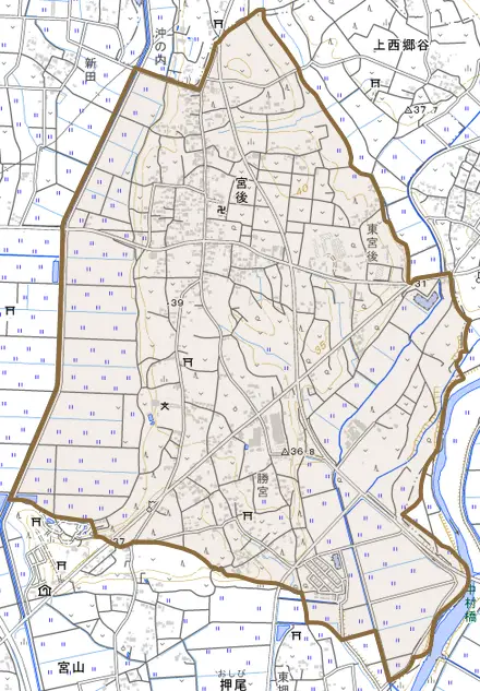 宮後とその周辺の地図。町の範囲を重ねている