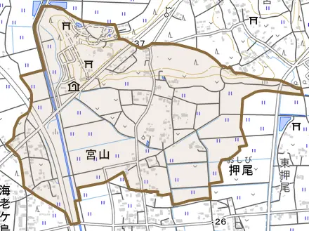宮山とその周辺の地図。町の範囲を重ねている