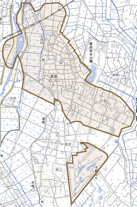 茂田とその周辺の地図。町の範囲を重ねている