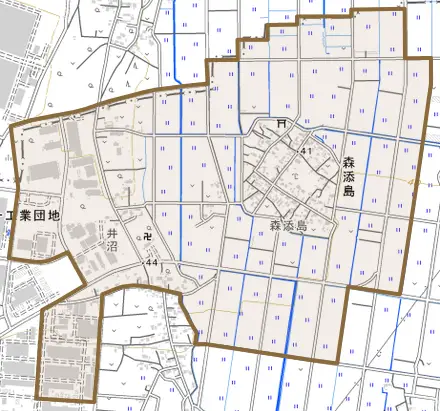 森添島とその周辺の地図。町の範囲を重ねている