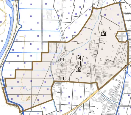 向川澄とその周辺の地図。町の範囲を重ねている