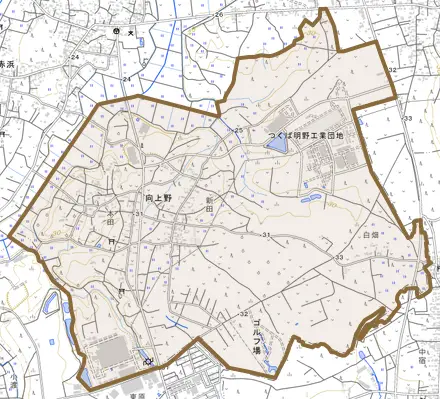 向上野とその周辺の地図。町の範囲を重ねている