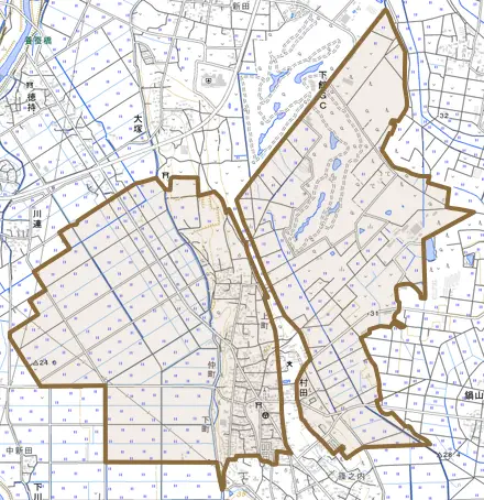 村田とその周辺の地図。町の範囲を重ねている