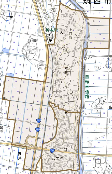 中舘とその周辺の地図。町の範囲を重ねている